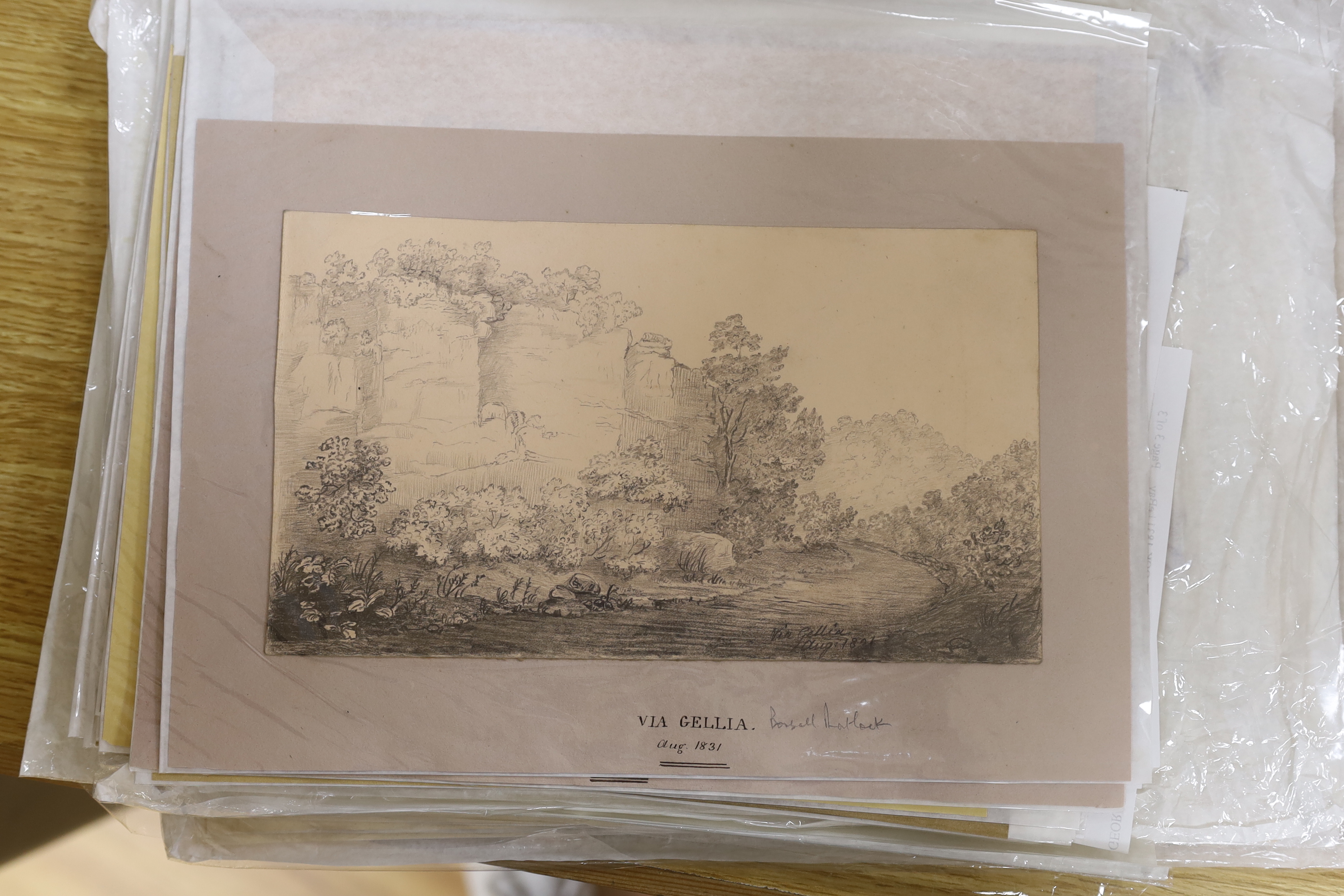 A collection of 19th century pencil sketches, Landscapes including some by John Hodgson, Scottish loch scenes and examples signed ‘Miss Walker’ including Brassington Tors, dated 1831, largest 22 x 28cm, all unframed